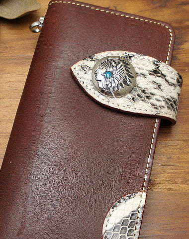 Handmade coffee brown biker wallet snake skin leather with chain Long wallet purse for men - EverHandmade