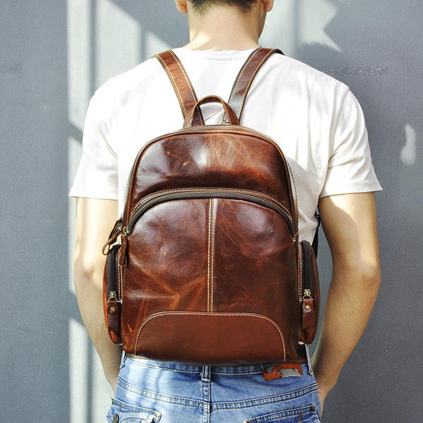 BROWN LEATHER MEN'S College Backpack Travel Backpack - Back View