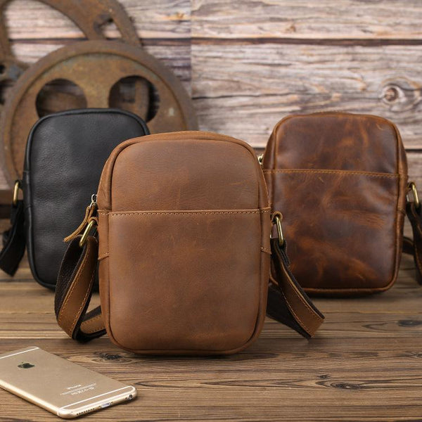 Black LEATHER MEN'S Small Side bag Brown - Back View