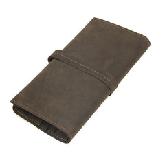 Coffee Leather Long Wallet for Men Checkbook Wallet Bifold Long Wallet With Coin Pocket For Men