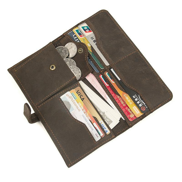 Coffee Leather Long Wallet for Men Checkbook - Back View