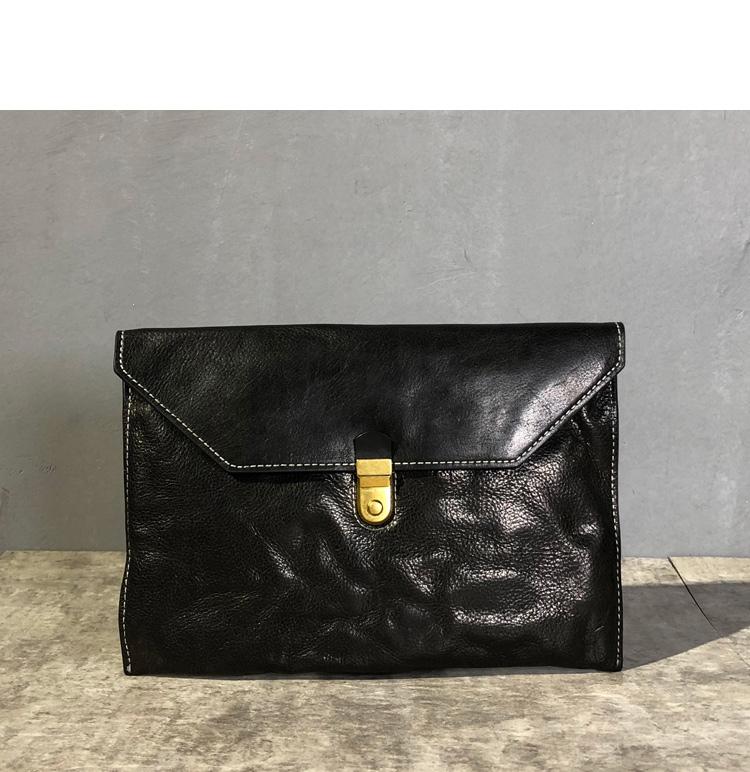 Simple Leather Black Mens Envelope Clutch Bag Vintage Coffee Clutch Wallet for Men