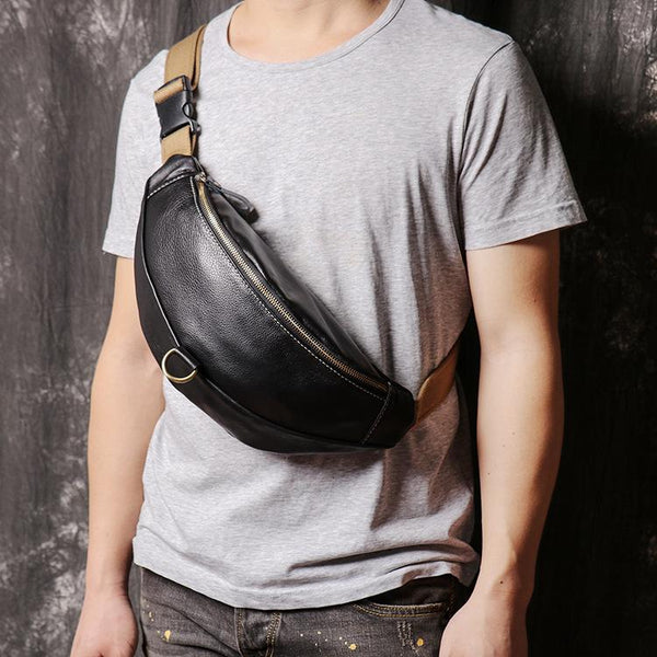 Top Leather Fanny Pack Men's Black Chest - Back View