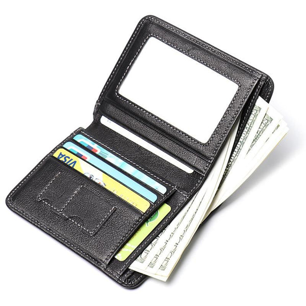 Open black leather vertical billfold wallet with ID window, card slots and cash