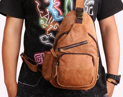 Cool Camel Leather Chest Bag Sling Bag Sling Crossbody Bags For Men