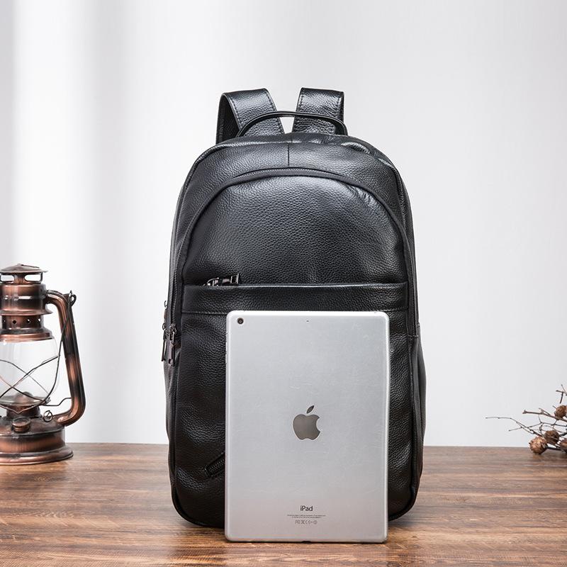 Black Mens Leather Laptop Backpack College Backpack Black Travel Backp