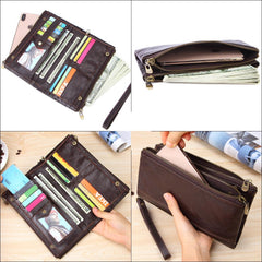 Fashion Black Leather Men's Bifold Long Wallet Brown Wristlet Wallet Clutch Wallet For Men