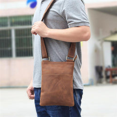 Vintage Brown Leather Men's Small Vertical Side Bag Small Messenger Bag For Men