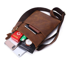 Vintage Brown Leather Men's Small Vertical Side Bag Small Messenger Bag For Men