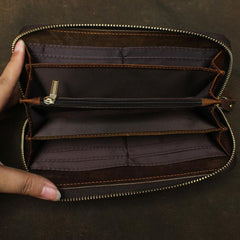 Vintage Braided Brown Leather Men's Clutch Long Wallet Zipper Long Wallet For Men