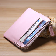 Slim Women Pink Leather Card Wallet Minimalist Zip Billfold Card Holder Wallet Coin Wallet For Women