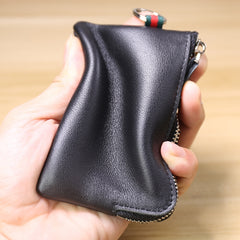 Slim Women Dark Coffee Leather Mini Zip Wallet with Keychain Billfold Minimalist Coin Wallet Small Zip Change Wallet For Women