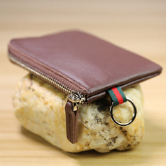 Slim Women Red Leather Mini Zip Wallet with Keychain Billfold Minimalist Coin Wallet Small Zip Change Wallet For Women