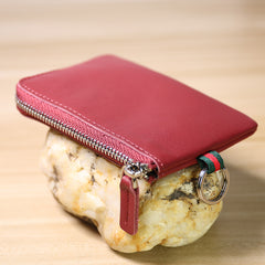Slim Women Dark Coffee Leather Mini Zip Wallet with Keychain Billfold Minimalist Coin Wallet Small Zip Change Wallet For Women