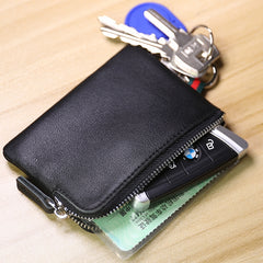 Slim Women Black Leather Mini Zip Wallet with Keychain Billfold Minimalist Coin Wallet Small Zip Change Wallet For Women