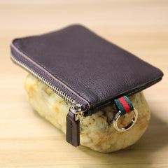 Slim Women Dark Coffee Leather Mini Zip Wallet with Keychain Billfold Minimalist Coin Wallet Small Zip Change Wallet For Women