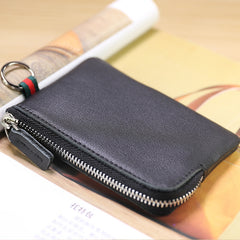 Slim Women Dark Coffee Leather Mini Zip Wallet with Keychain Billfold Minimalist Coin Wallet Small Zip Change Wallet For Women