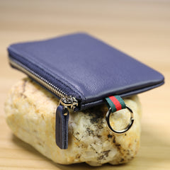 Slim Women Red Leather Mini Zip Wallet with Keychain Billfold Minimalist Coin Wallet Small Zip Change Wallet For Women