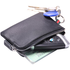 Slim Women Black Leather Mini Zip Wallet with Keychain Billfold Minimalist Coin Wallet Small Zip Change Wallet For Women