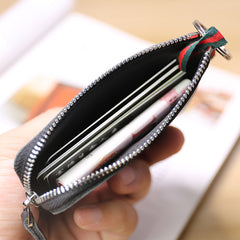 Slim Women Black Leather Mini Zip Wallet with Keychain Billfold Minimalist Coin Wallet Small Zip Change Wallet For Women