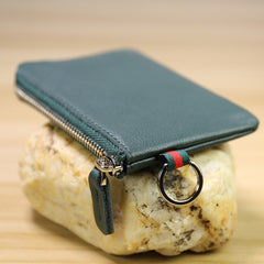 Slim Women Green Leather Mini Zip Wallet with Keychain Billfold Minimalist Coin Wallet Small Zip Change Wallet For Women