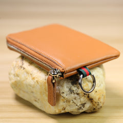 Slim Women Dark Coffee Leather Mini Zip Wallet with Keychain Billfold Minimalist Coin Wallet Small Zip Change Wallet For Women