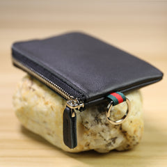 Slim Women Dark Coffee Leather Mini Zip Wallet with Keychain Billfold Minimalist Coin Wallet Small Zip Change Wallet For Women