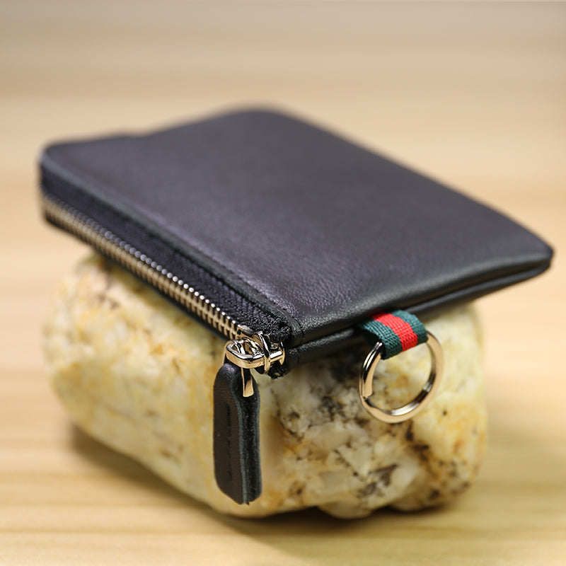 Slim Women Navy Leather Mini Zip Wallet with Keychain Billfold Minimalist Coin Wallet Small Zip Change Wallet For Women