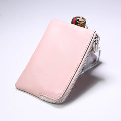 Slim Women Beige Leather Zip Wallet with Keychains Billfold Minimalist Coin Wallet Small Zip Change Wallet For Women