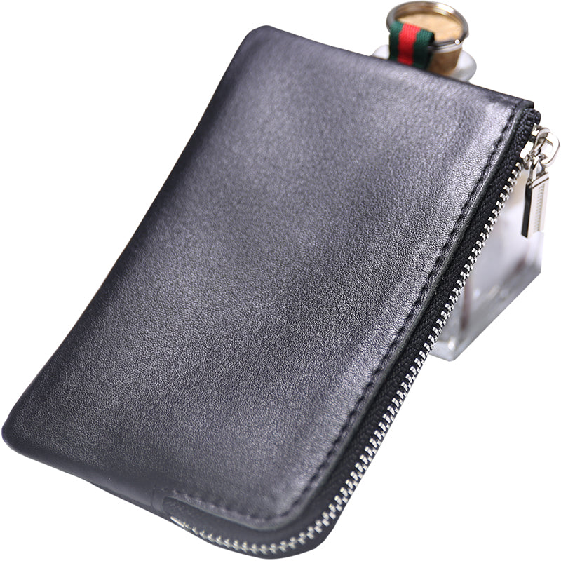 Slim Women Black Leather Zip Wallet with Keychains Billfold Minimalist Coin Wallet Small Zip Change Wallet For Women