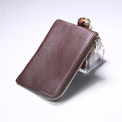 Slim Women Beige Leather Zip Wallet with Keychains Billfold Minimalist Coin Wallet Small Zip Change Wallet For Women