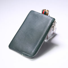 Slim Women Green Leather Zip Wallet with Keychains Billfold Minimalist Coin Wallet Small Zip Change Wallet For Women