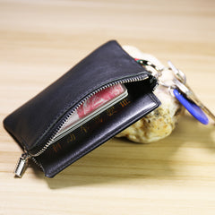 Slim Women Brown Leather Zip Wallet with Keychains Billfold Minimalist Coin Wallet Small Zip Change Wallet For Women