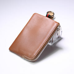 Slim Women Beige Leather Zip Wallet with Keychains Billfold Minimalist Coin Wallet Small Zip Change Wallet For Women