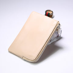 Slim Women Beige Leather Zip Wallet with Keychains Billfold Minimalist Coin Wallet Small Zip Change Wallet For Women