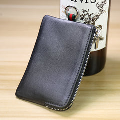 Slim Women Green Leather Zip Wallet with Keychains Billfold Minimalist Coin Wallet Small Zip Change Wallet For Women