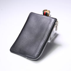 Slim Women Green Leather Zip Wallet with Keychains Billfold Minimalist Coin Wallet Small Zip Change Wallet For Women