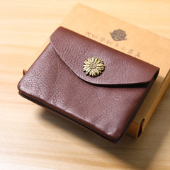 Slim Women Dark Brown Sunflower Leather Card Wallet Minimalist Envelope Card Holder Wallet Coin Wallet For Women