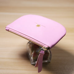 Slim Women Pink Leather Zip Card Wallet Saddle Minimalist Coin Wallet Small Zip Change Wallet For Women