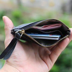 Slim Women Black Leather Zip Card Wallet Saddle Minimalist Coin Wallet Small Zip Change Wallet For Women