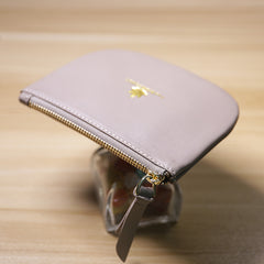 Slim Women Pink Leather Zip Card Wallet Saddle Minimalist Coin Wallet Small Zip Change Wallet For Women