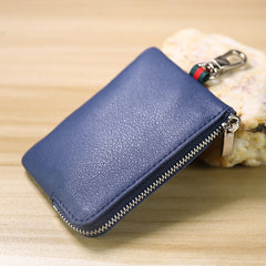 Slim Women Navy Leather Zip Wallet with Keychains Minimalist Coin Wallet Small Zip Change Wallet For Women