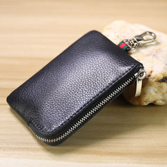 Slim Women Gray Leather Zip Wallet with Keychains Minimalist Coin Wallet Small Zip Change Wallet For Women