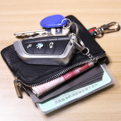 Slim Women Black Leather Zip Wallet with Keychains Minimalist Coin Wallet Small Zip Change Wallet For Women