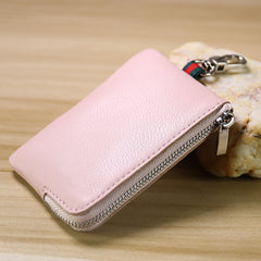 Slim Women Pink Leather Zip Wallet with Keychains Minimalist Coin Wallet Small Zip Change Wallet For Women