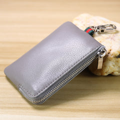 Slim Women Gray Leather Zip Wallet with Keychains Minimalist Coin Wallet Small Zip Change Wallet For Women