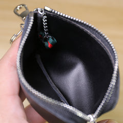 Slim Women Black Leather Zip Wallet with Keychains Minimalist Coin Wallet Small Zip Change Wallet For Women