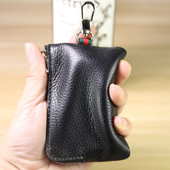 Slim Women Black Leather Zip Wallet with Keychains Minimalist Coin Wallet Small Zip Change Wallet For Women