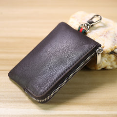 Slim Women Coffee Leather Zip Wallet with Keychains Minimalist Coin Wallet Small Zip Change Wallet For Women