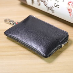 Slim Women Gray Leather Zip Wallet with Keychains Minimalist Coin Wallet Small Zip Change Wallet For Women